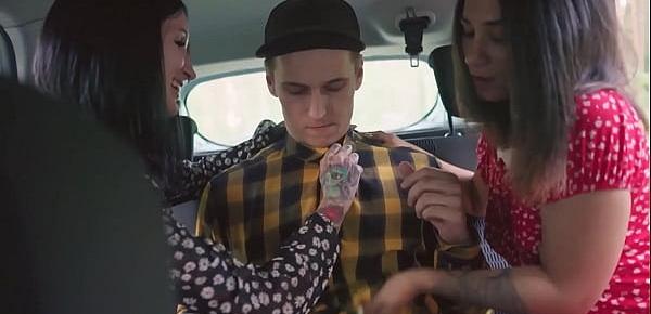 Risky sex in the car 3some oral creampie